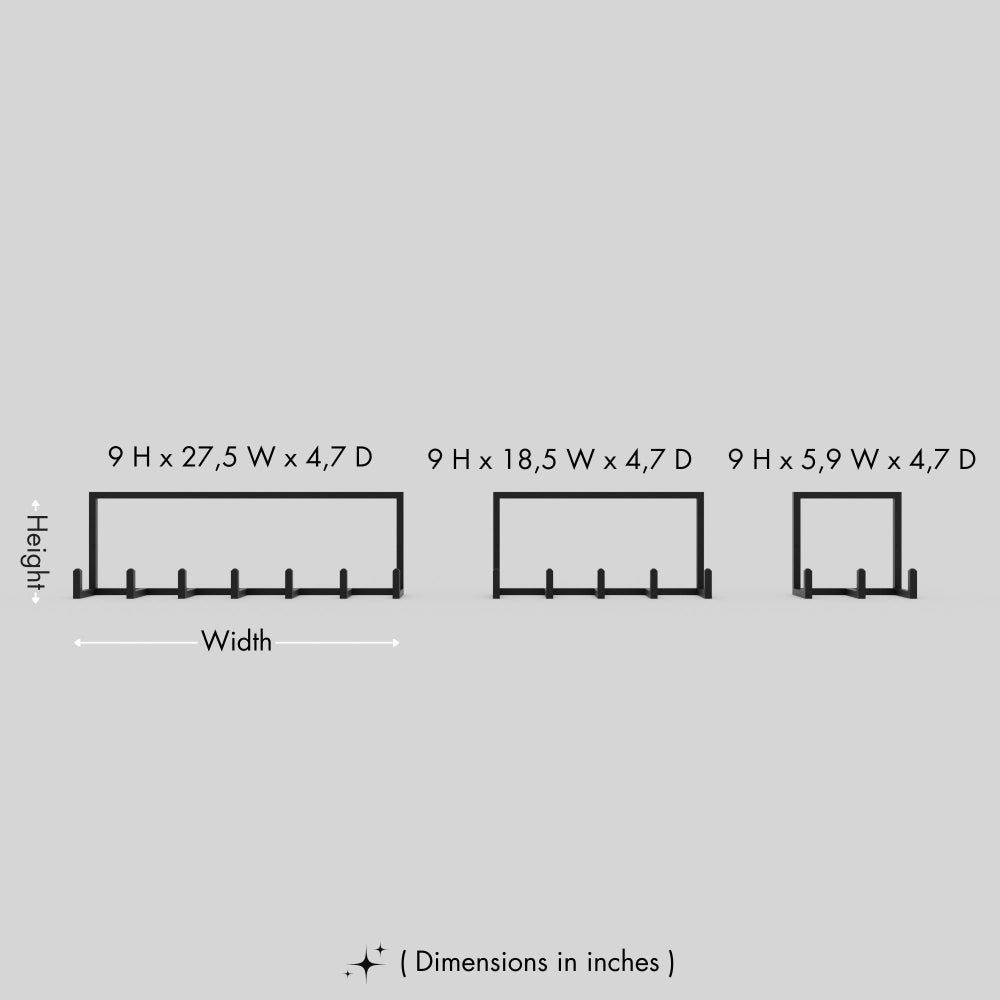 Render showing three sizes of wall-mounted coat racks with dimensions: 9 H x 27.5 W x 4.7 D, 9 H x 18.5 W x 4.7 D, and 9 H x 5.9 W x 4.7 D.