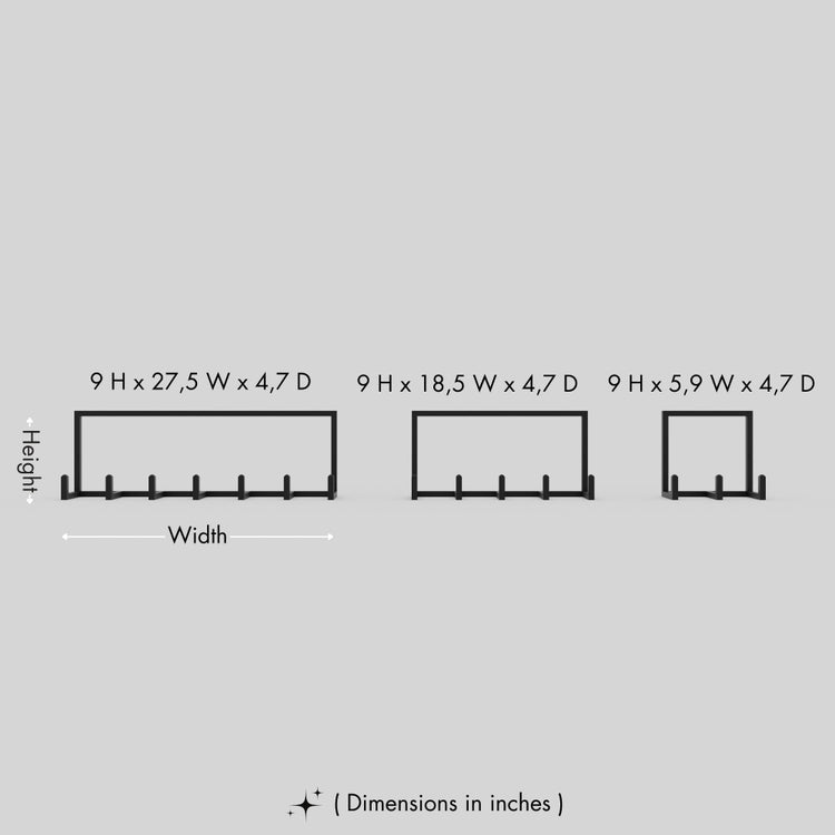 Render showing three sizes of wall-mounted coat racks with dimensions: 9 H x 27.5 W x 4.7 D, 9 H x 18.5 W x 4.7 D, and 9 H x 5.9 W x 4.7 D.