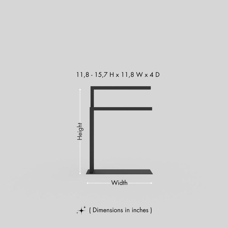 A dimensional diagram of a black countertop towel holder, providing precise height, width, and depth measurements in inches, showcasing its compact and efficient design.