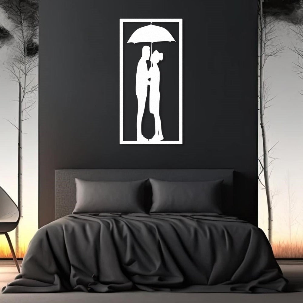 couple under the umbrella metal wall art White