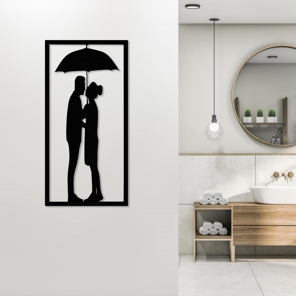 couple under the umbrella metal wall art above bed decor