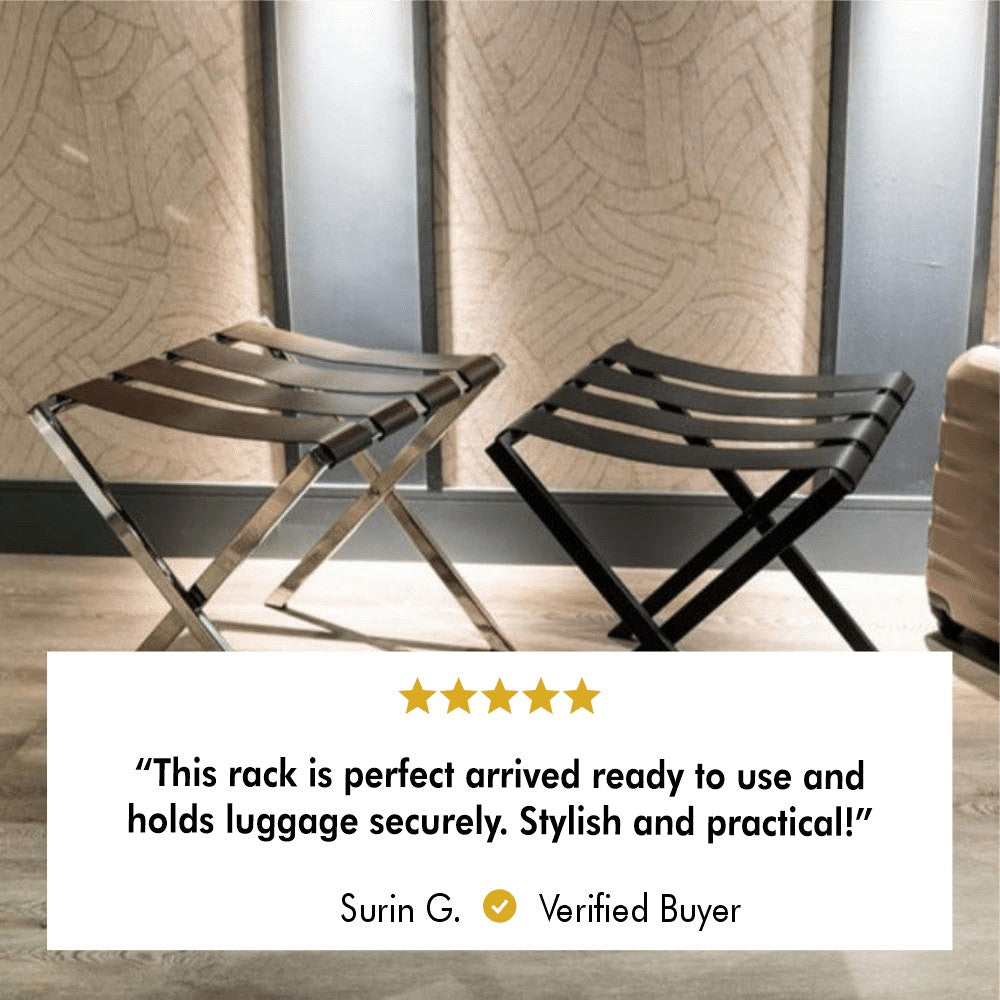 Two metal luggage racks, one in chrome finish and one in black, with a customer review reading, “This rack is perfect, arrived ready to use, and holds luggage securely. Stylish and