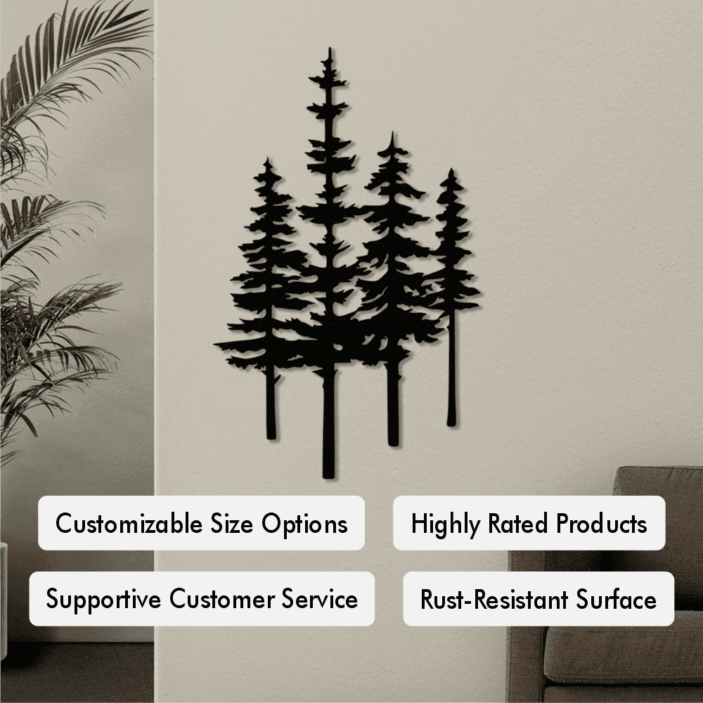 Minimalist black pine tree metal wall art displayed on a neutral-toned wall in a modern living space, with overlayed highlights of customizable size options, highly rated products, supportive customer service, and rust-resistant surface.