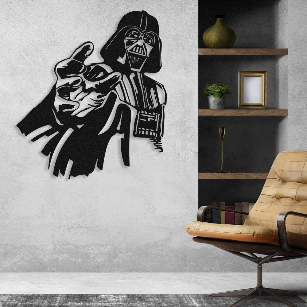 Darth Vader metal wall art featuring a bold black design, mounted on a textured gray wall in a modern room with wooden shelves, decorative accents, and a tan leather chair.