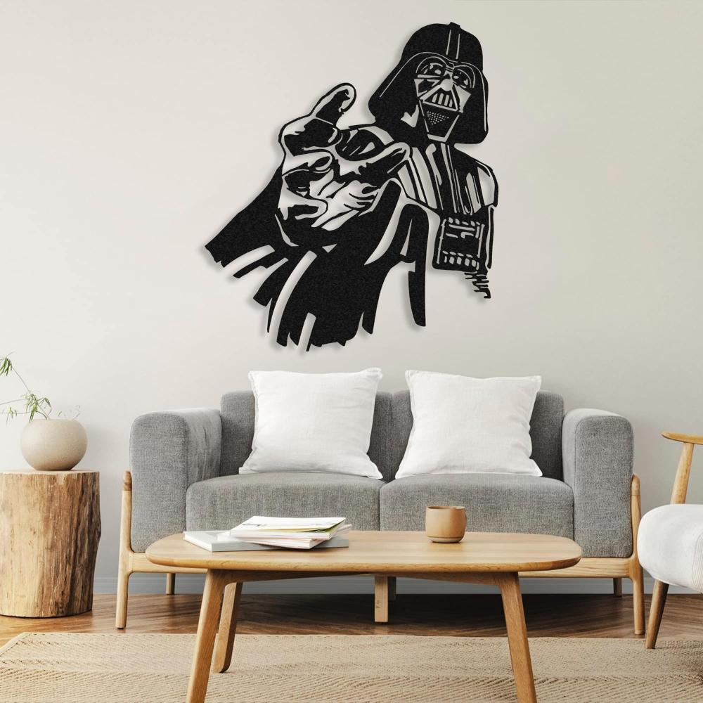 Darth Vader metal wall art featuring a bold black silhouette design, mounted on a light wall above a modern gray sofa in a cozy living room setting with wooden furniture and minimalist decor.