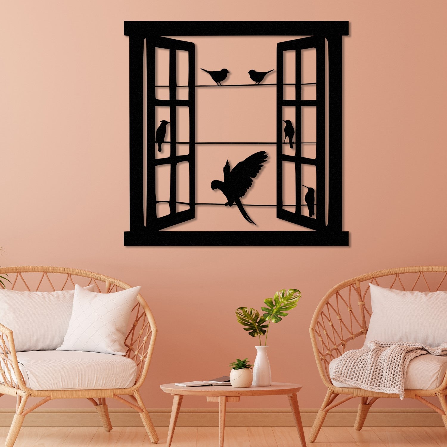 Open Window Design with Birds Silhouette Metal Wall Art