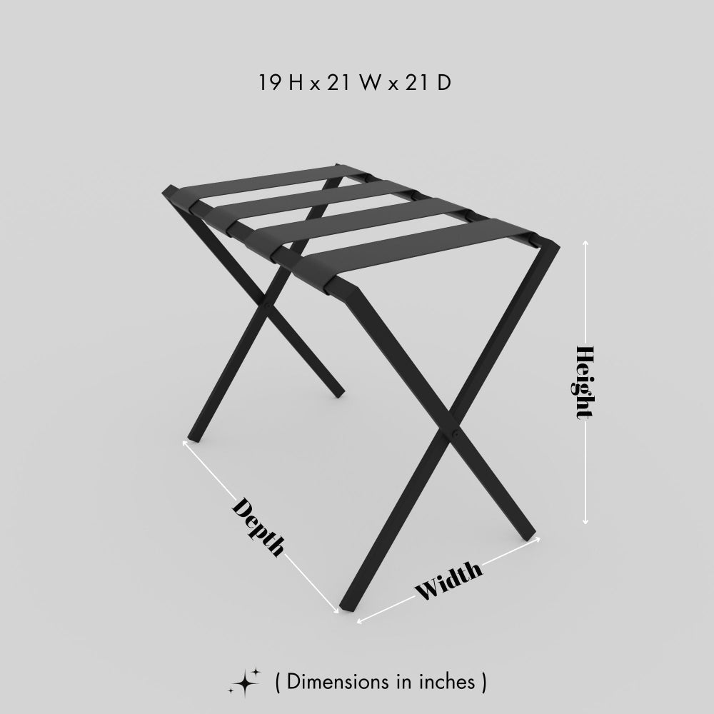 A foldable metal luggage rack with genuine leather straps, showing dimensions of 19 inches in height, 21 inches in width, and 21 inches in depth.