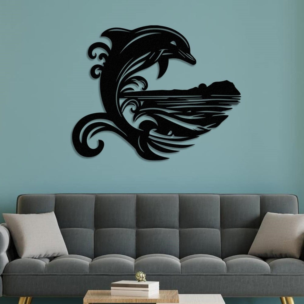 dolphin with sea wave metal wall art livingroom decor with blue wall 