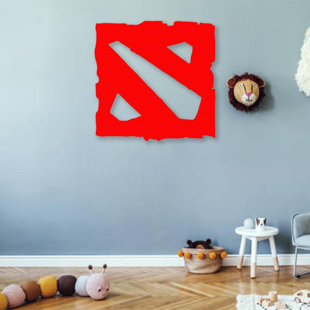 Vibrant red Dota metal wall art placed in a playful kids’ room with soft toys and neutral-colored decor, adding a pop of color.