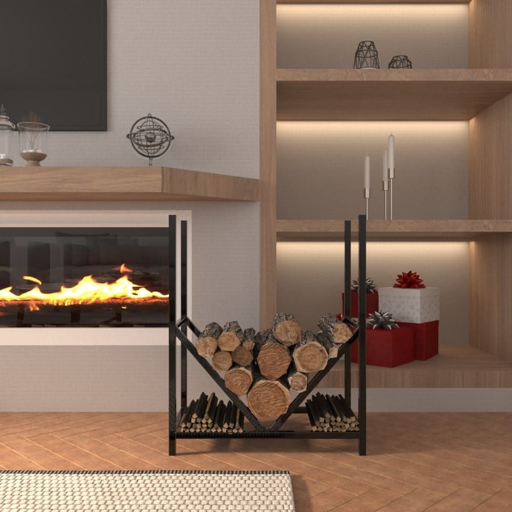 A black metal firewood rack with a geometric design, neatly arranged with firewood and kindling, placed in front of a fireplace in a warm, cozy interior