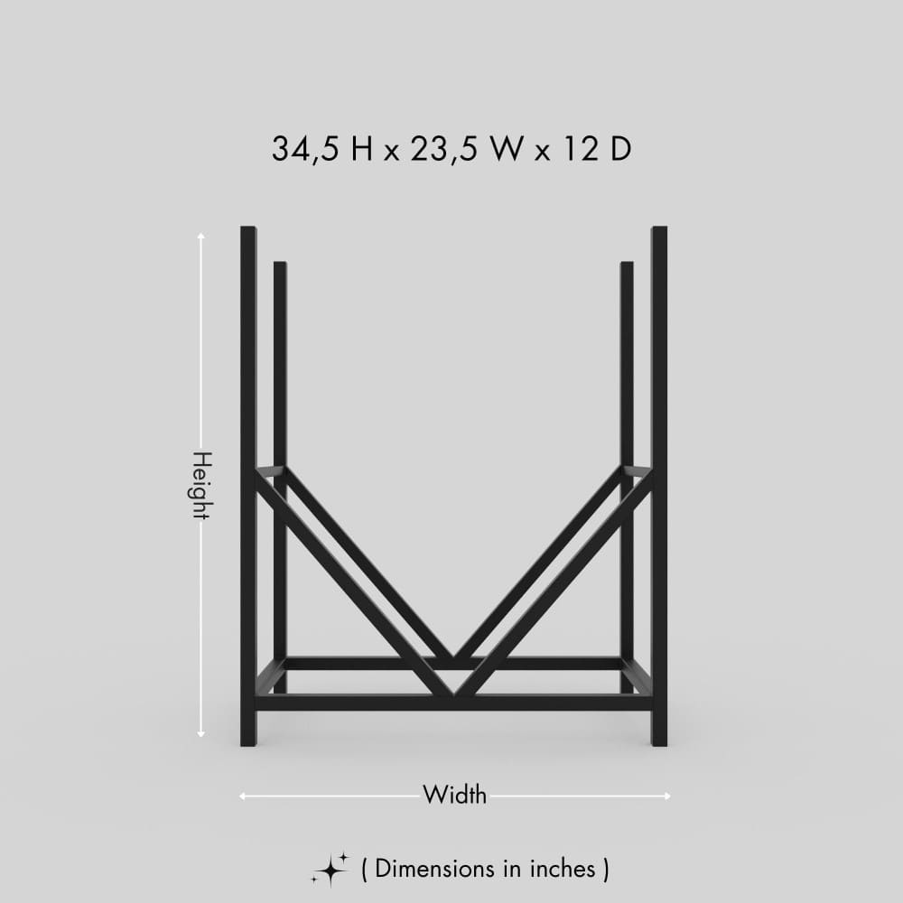 A minimalist metal firewood rack shown with dimensions, 34.5 inches in height, 23.5 inches in width, and 12 inches in depth, with a black frame and geometric structure