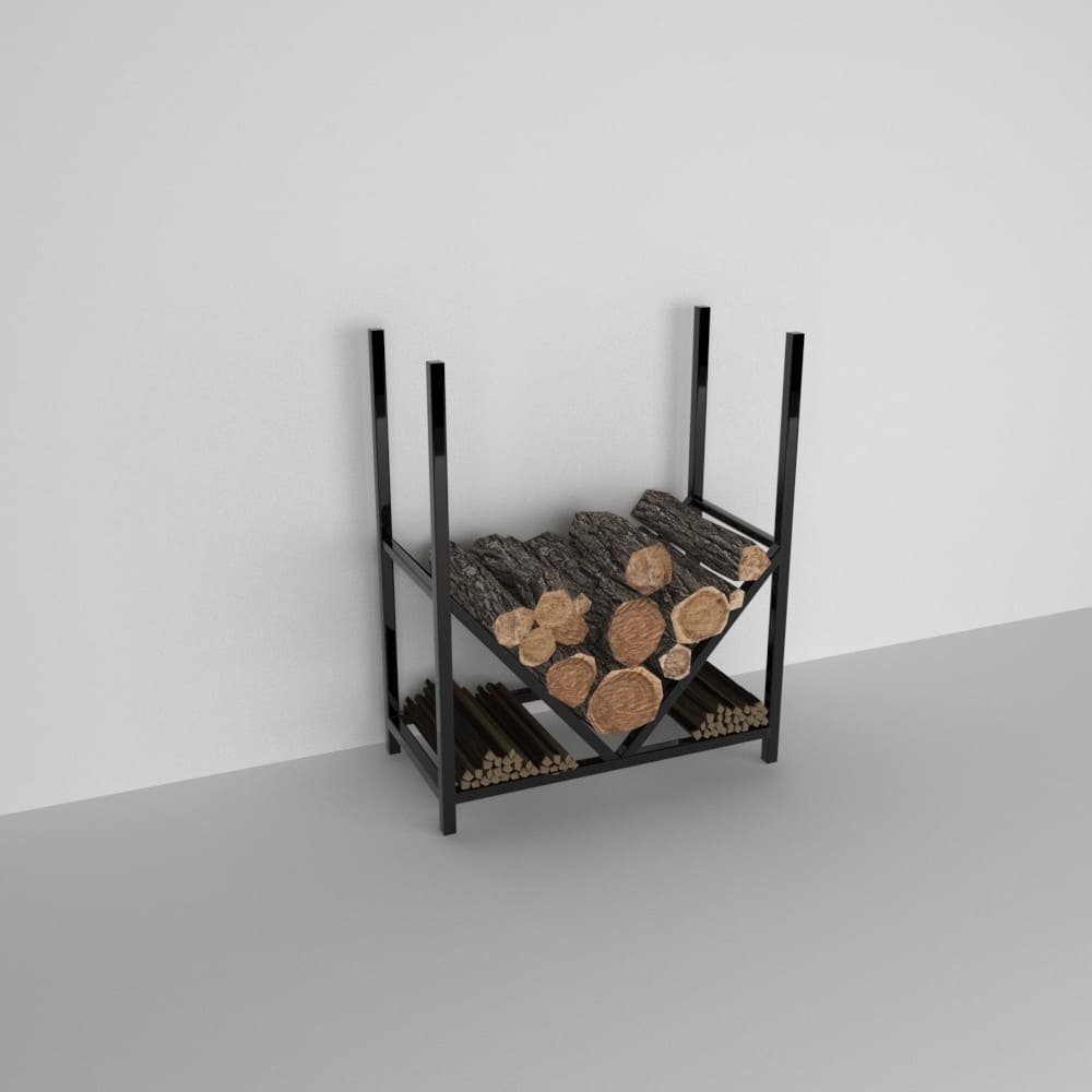 A modern black metal firewood rack with firewood and kindling arranged, featuring a geometric V-shape structure, placed in an outdoor grassy garden area