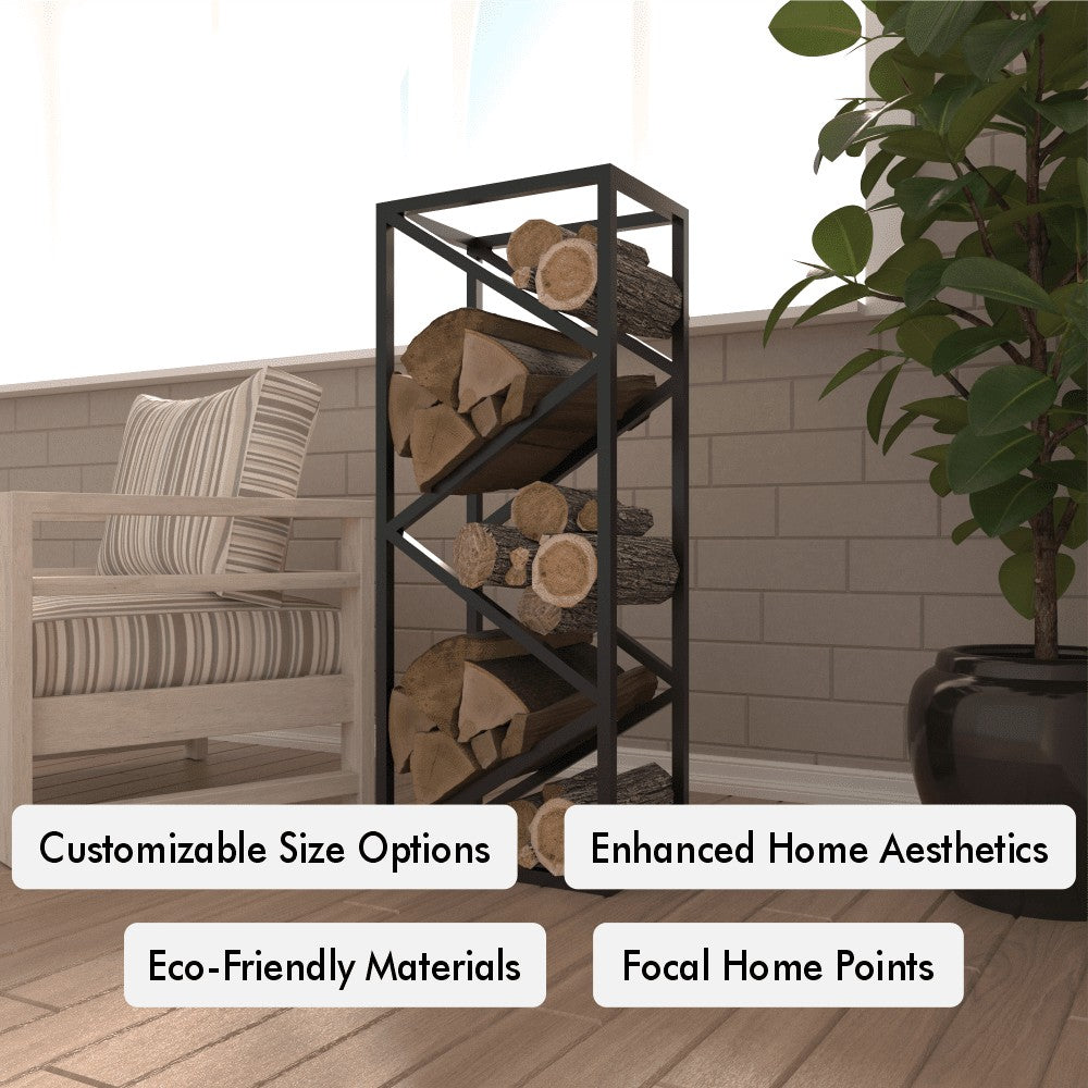 A stylish black metal log rack with customizable size options, placed near a chair, showcasing firewood for an organized and aesthetic home look.