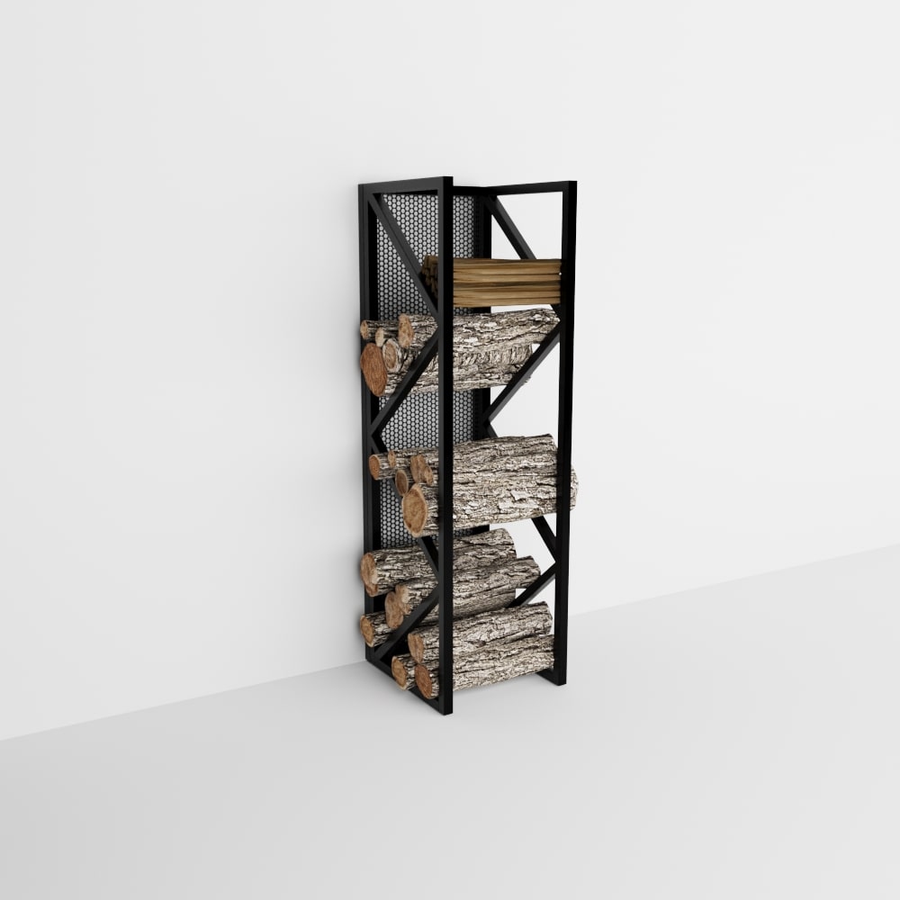 A black metal firewood holder with a modern diagonal design, neatly stacked with logs, set against a minimalistic white background