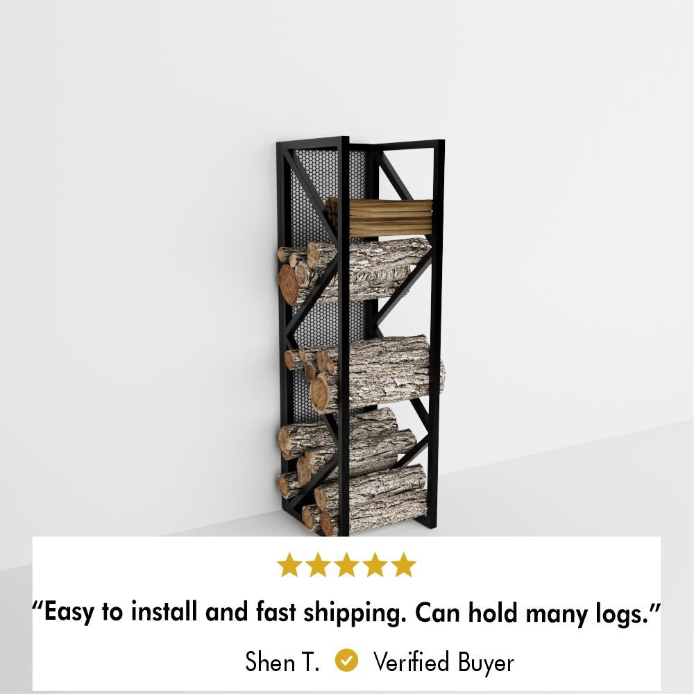 Black metal firewood rack with a modern, geometric design, holding stacked logs on multiple shelves. The rack is positioned against a white wall. Below, a 5-star customer review reads: "Easy to install and fast shipping. Can hold many logs." The review is attributed to Shen T., marked as a verified buyer.