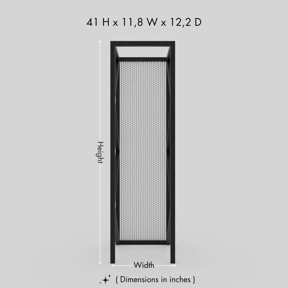 Dimension specifications of a black metal firewood holder, measuring 41 inches in height, 11.8 inches in width, and 12.2 inches in depth, displayed against a plain background