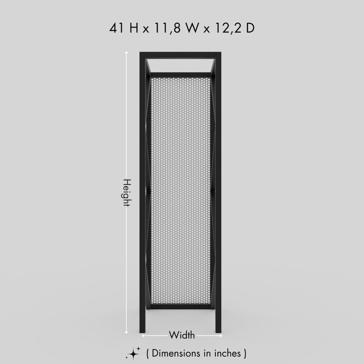 Dimension specifications of a black metal firewood holder, measuring 41 inches in height, 11.8 inches in width, and 12.2 inches in depth, displayed against a plain background