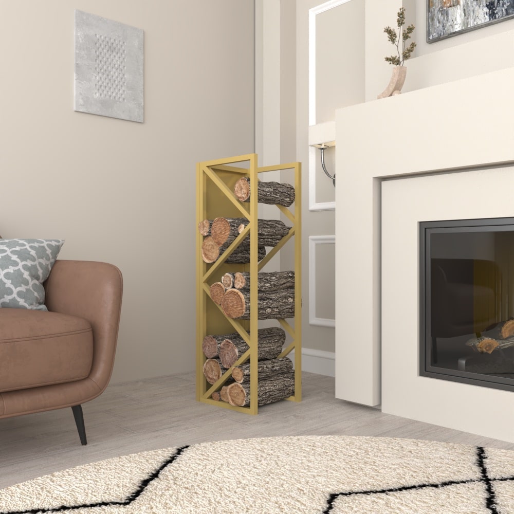 A gold metal firewood holder with a sleek contemporary design, placed in a cozy living room with stacked logs on each level