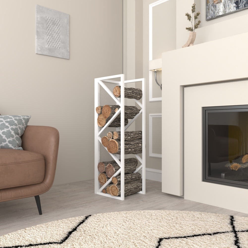 A white metal firewood holder with a modern farmhouse design, placed next to a beige fireplace, featuring neatly stacked firewood.