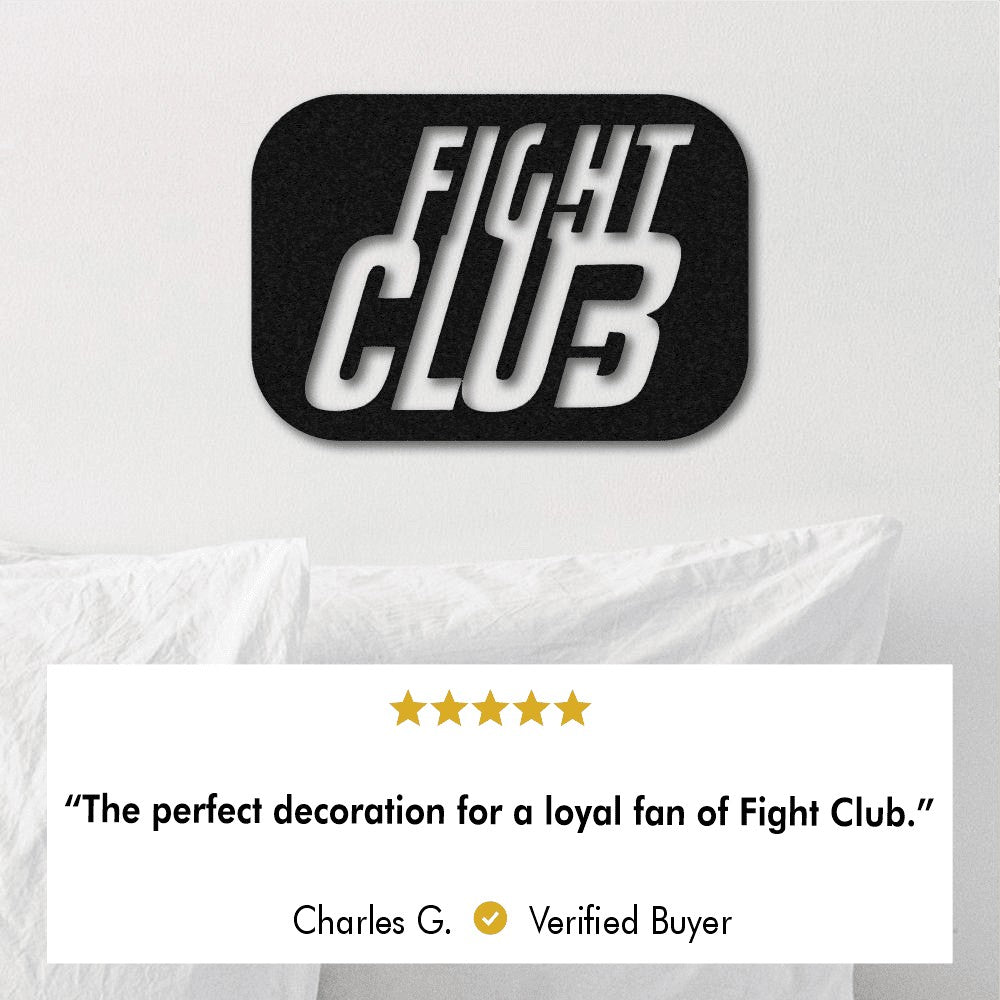 Fight Club metal wall art displayed above a white bed, featuring a 5-star review from a verified buyer, Charles G., describing it as the perfect decoration for a loyal fan of Fight Club.