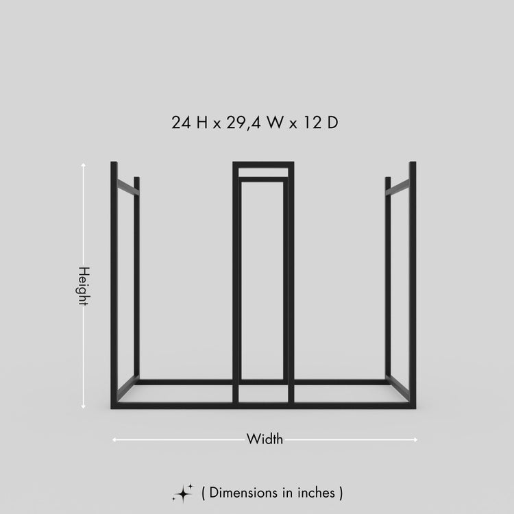 A black firewood holder displayed with dimensions of 18 inches in height, 38 inches in width, and 12 inches in depth