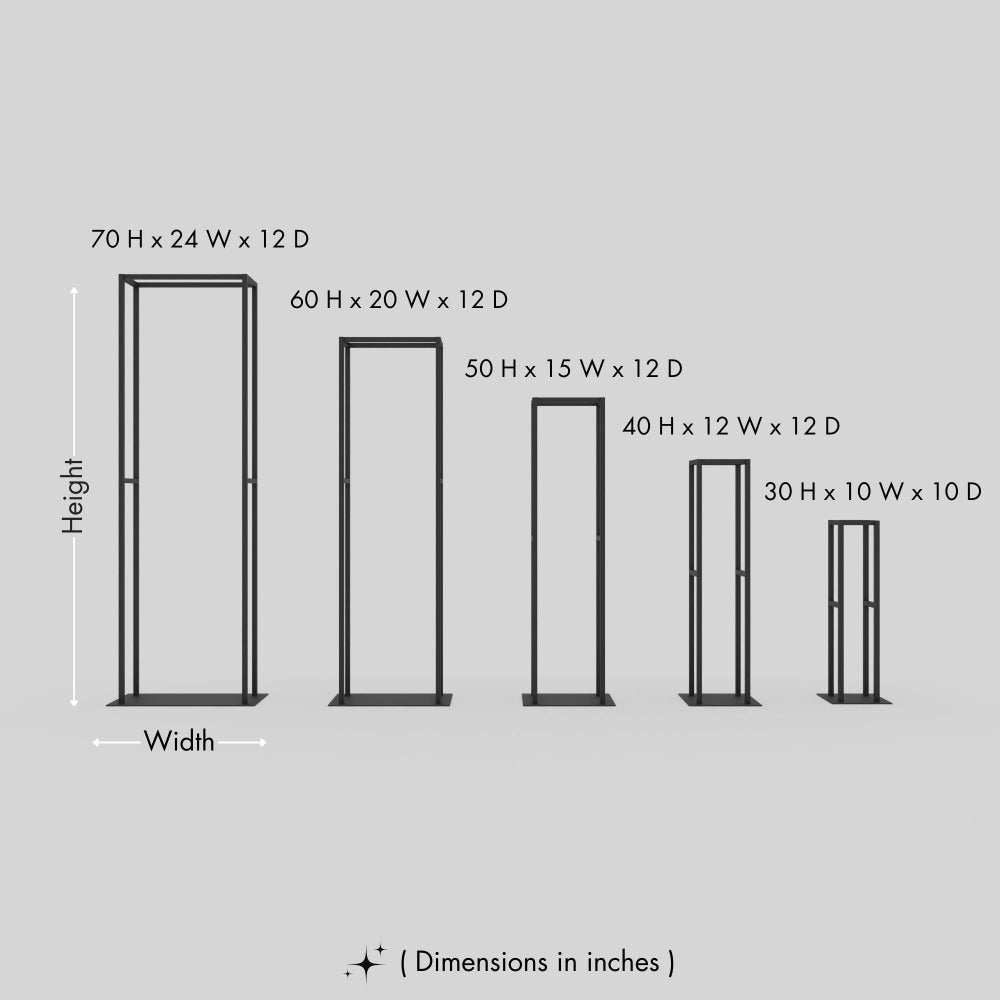 A size comparison chart displaying five different black metal firewood rack frames with dimensions listed in inches. The sizes range from the largest, 70 H x 24 W x 12 D, to the smallest, 30 H x 10 W x 10 D. The chart is shown on a light gray background.