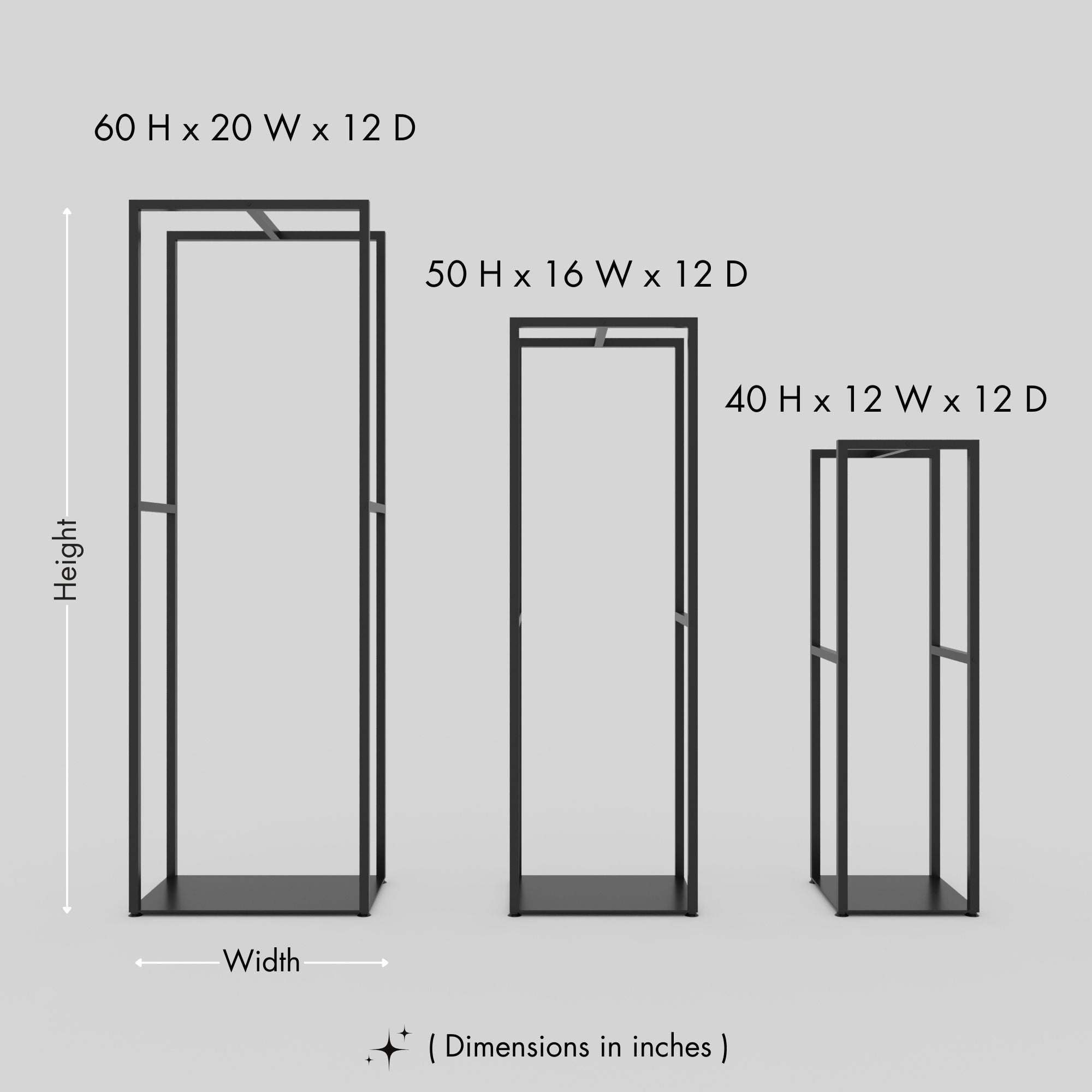 A size comparison chart showcasing three black metal firewood racks with dimensions labeled in inches. The heights are 60 H x 20 W x 12 D, 50 H x 16 W x 12 D, and 40 H x 12 W x 12 D, set against a light gray background.