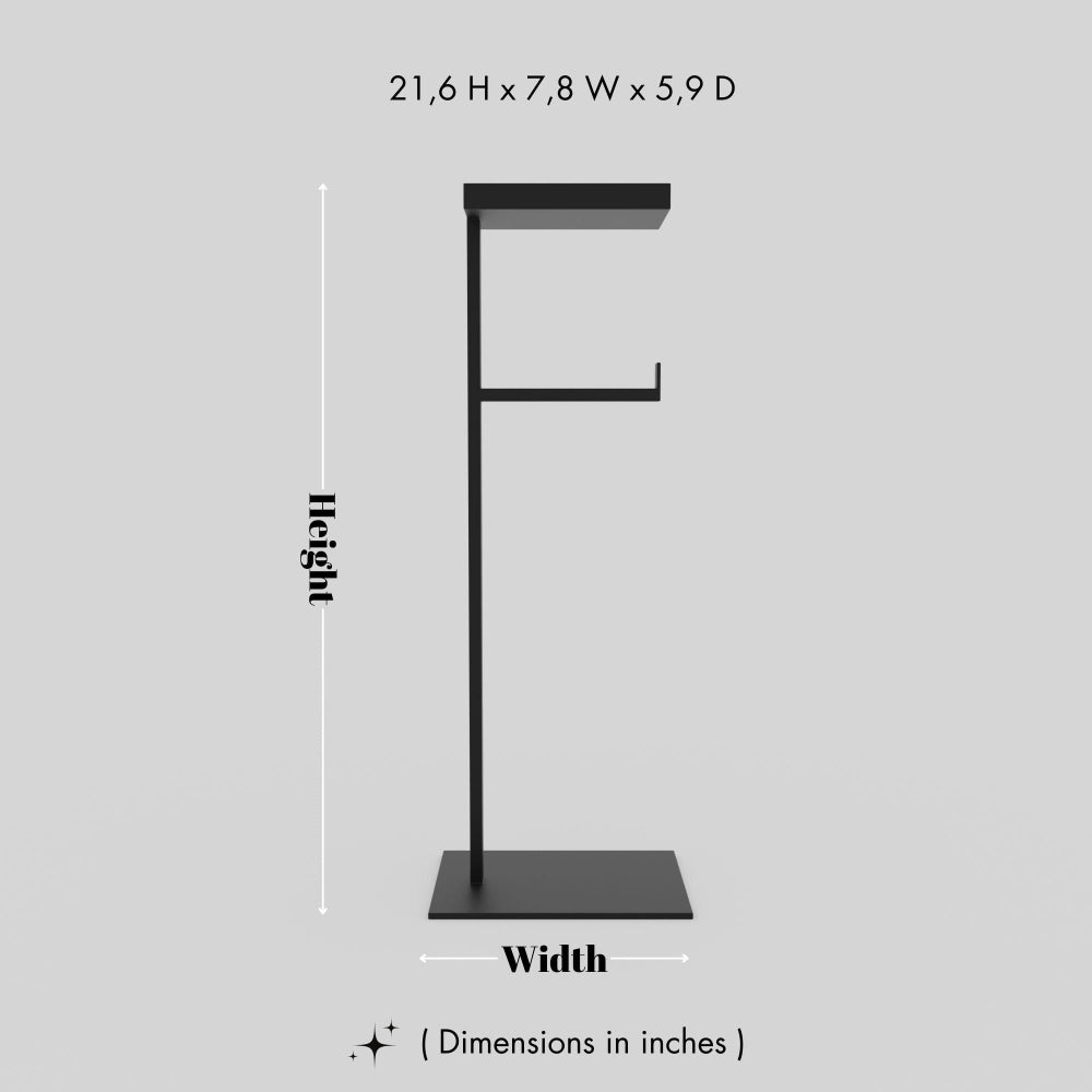 A diagram showing the dimensions of a black floor-mounted toilet paper holder, measuring 21.6 inches in height, 7.8 inches in width, and 5.9 inches in depth.