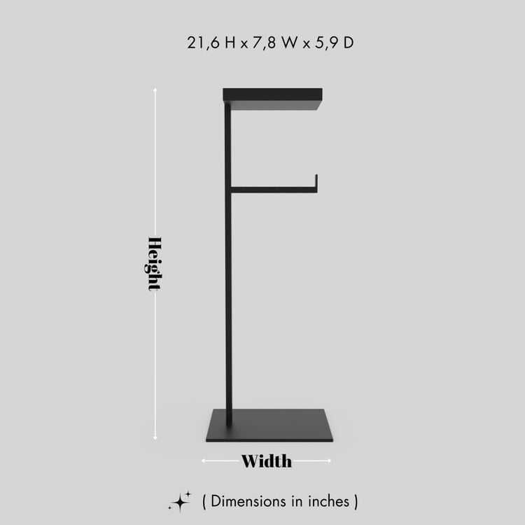 A diagram showing the dimensions of a black floor-mounted toilet paper holder, measuring 21.6 inches in height, 7.8 inches in width, and 5.9 inches in depth.