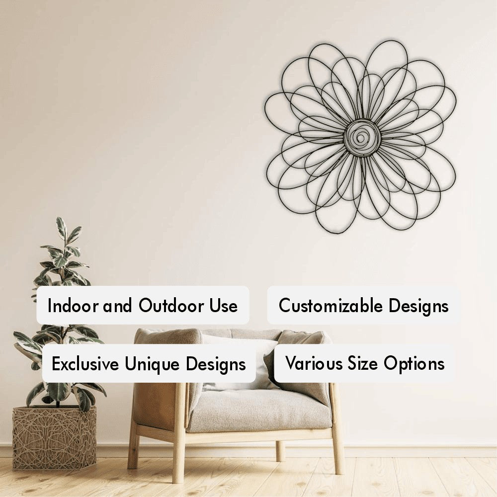 A minimalist living room featuring a large metal flower-shaped wall art mounted above a cozy armchair. Text overlays highlight product features such as "Indoor and Outdoor Use," "Customizable Designs," "Exclusive Unique Designs," and "Various Size Options."