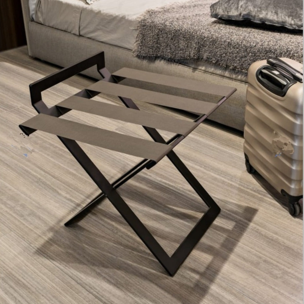 foldable luxury luggage rack with genunie leather straps for guest room hotel furniture