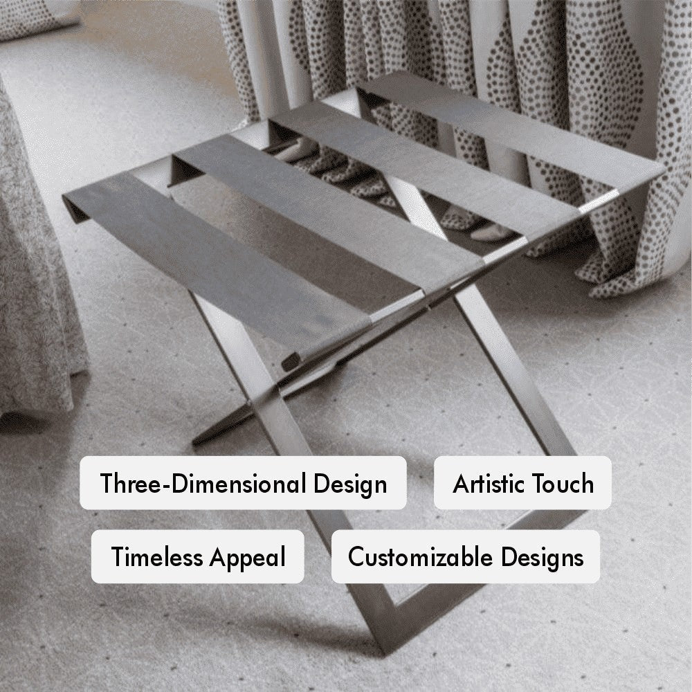 A foldable metal luggage rack with clean lines, showcased alongside feature highlights like "three-dimensional design" and "customizable designs," emphasizing its modern appeal.