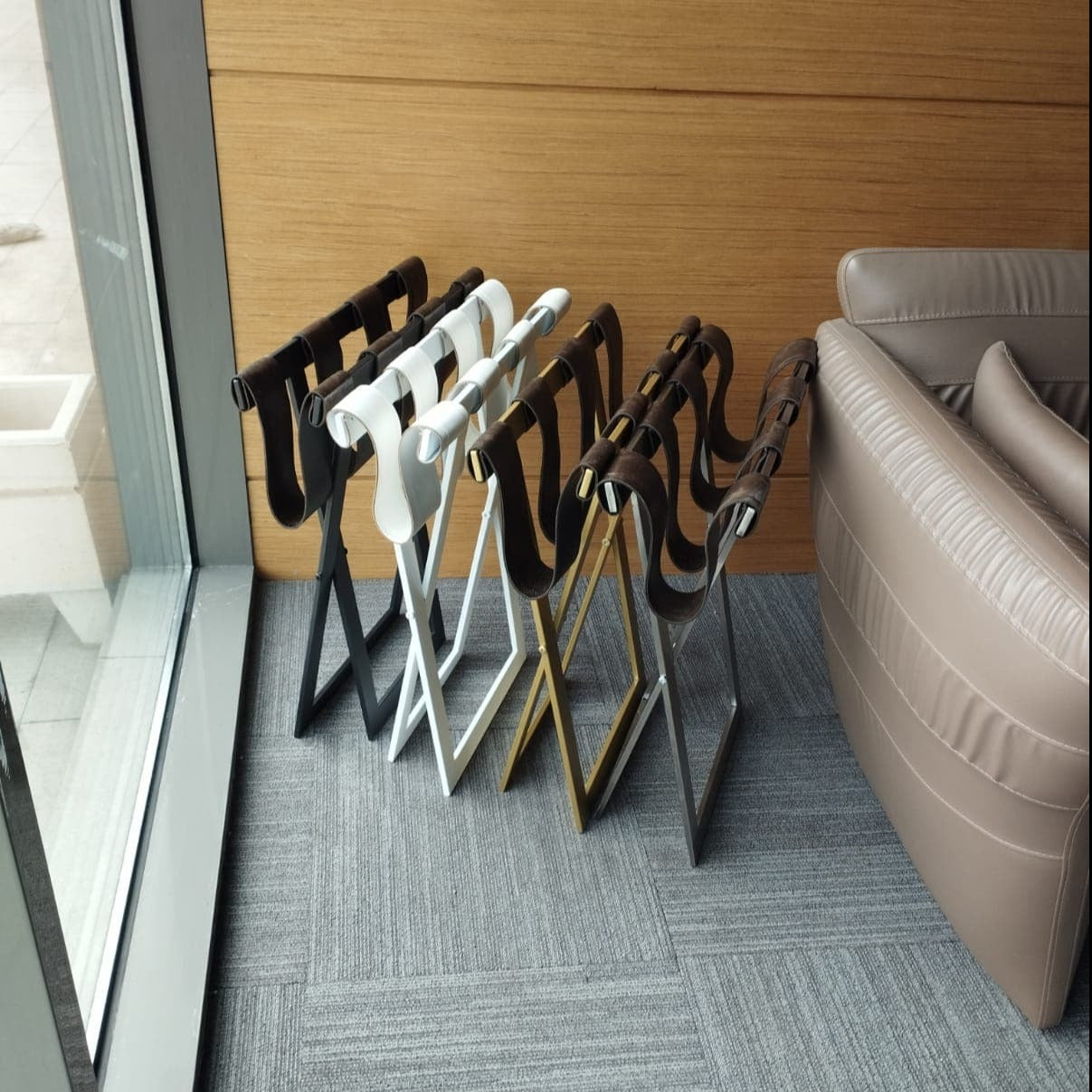foldable metal luggage rack with genuie leather  hotel furniture