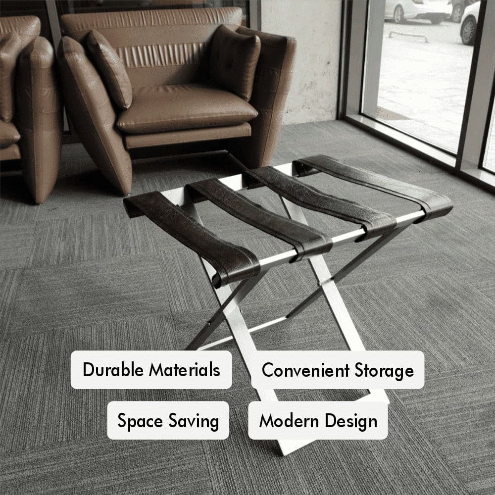 Foldable metal luggage rack with genuine leather straps in a modern room setting, showcasing key features like "Durable Materials," "Space Saving," "Convenient Storage," and "Modern Design."