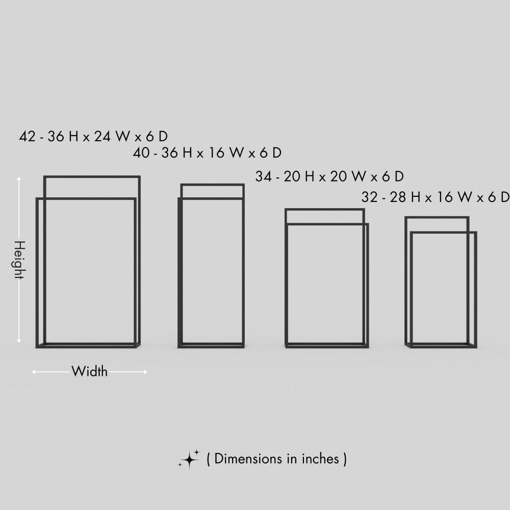 Four rectangular metal towel holders in varying sizes arranged from largest to smallest, showcasing the dimensions for each: 42-36 H x 24 W x 6 D, 40-36 H x 16 W x 6 D, 34-20 H x 20 W x 6 D, and 32-28 H x 16 W x 6 D, with clear indication of width and height.