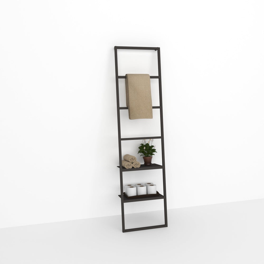 A freestanding black metal ladder towel rack with a clean white background, showcasing its design and multi-functional shelves for storage.