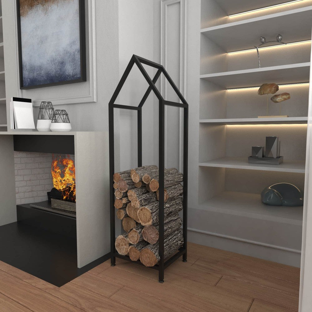 Black firewood rack with a geometric house shape, placed near a modern built-in shelf. Logs are stacked neatly within its frame for stylish storage.