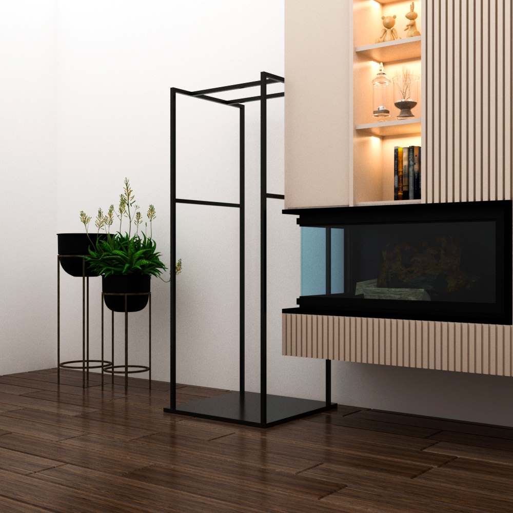 A sleek black metal firewood rack with a geometric and minimalist design, placed in a modern living room. The space features wooden flooring, decorative plants, a contemporary fireplace, and illuminated shelves with decorative items.