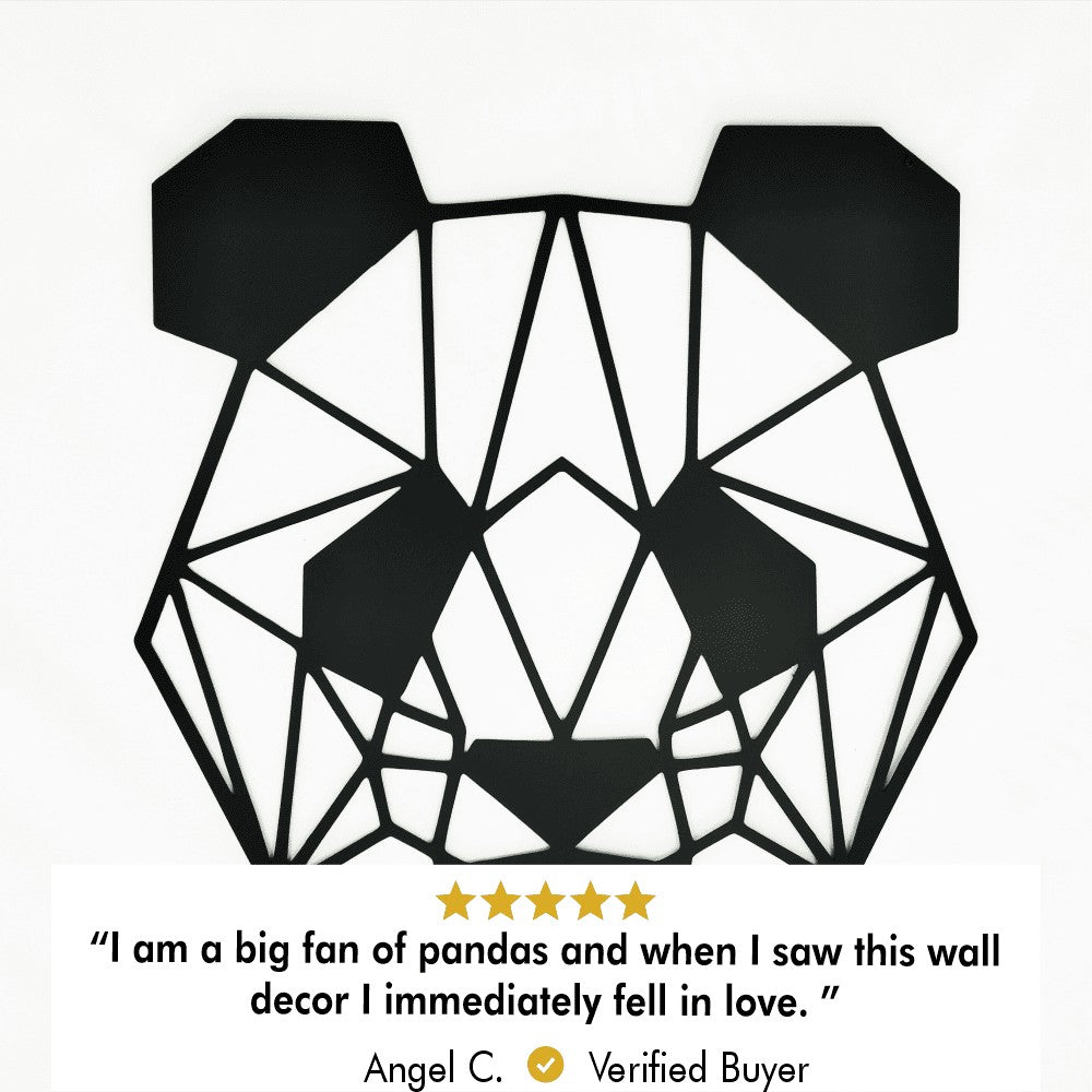 A close-up image of geometric panda-themed metal wall art, with a customer review below it. The review reads: "I am a big fan of pandas and when I saw this wall decor I immediately fell in love." The review is attributed to Angel C., a verified buyer.