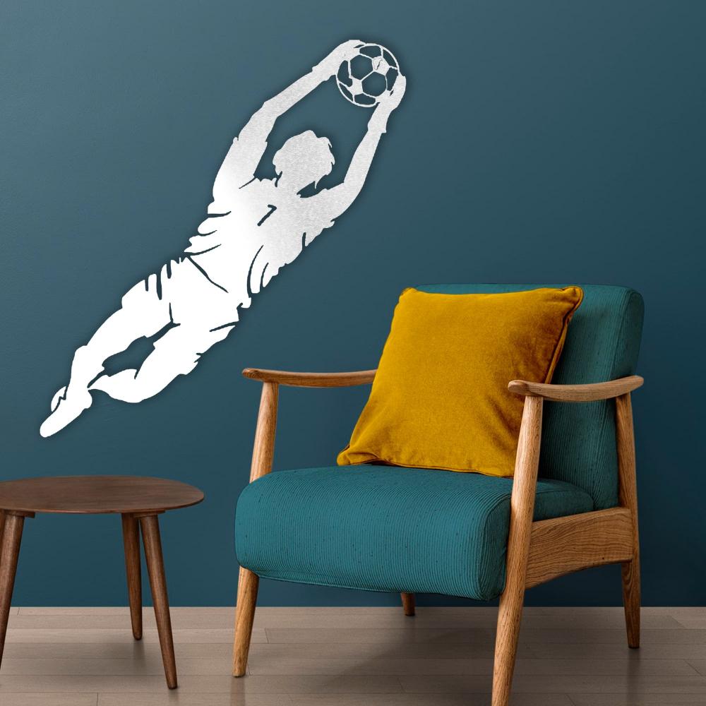 goalkeeper jumping metal wall art white