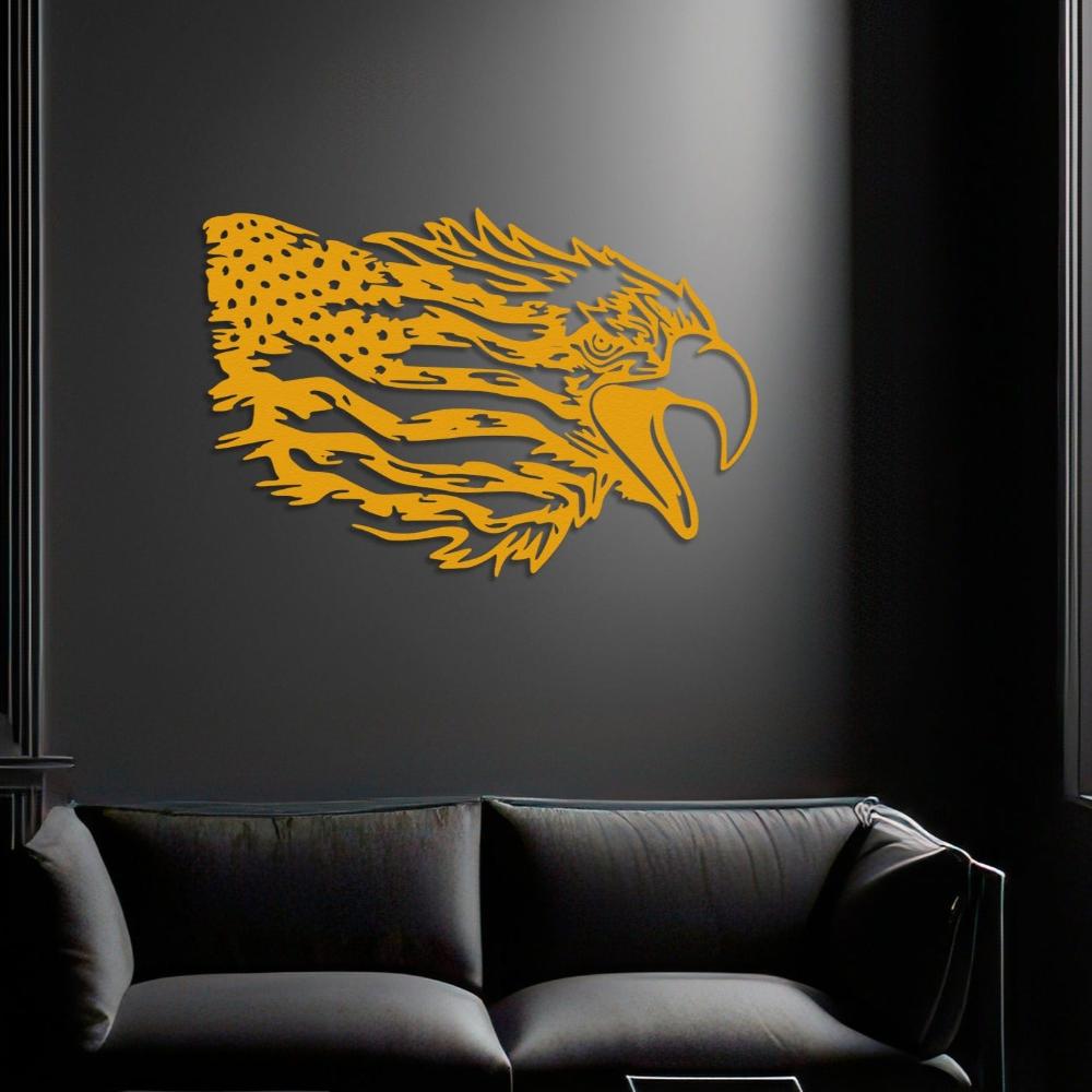 Gold eagle metal wall art with American flag-inspired detailing displayed on a sleek black wall, enhancing a modern office or lounge space with a black leather sofa.