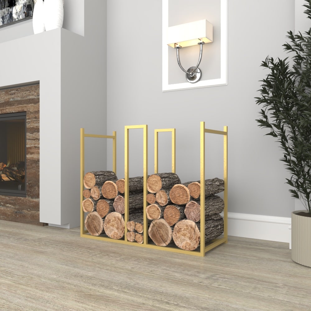 A stylish gold metal firewood holder placed next to a fireplace in a modern living room setting