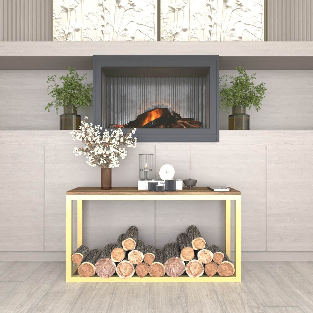 A gold metal wood rack with a wooden top, placed under a modern fireplace, holding firewood logs in a luxurious and organized manner.