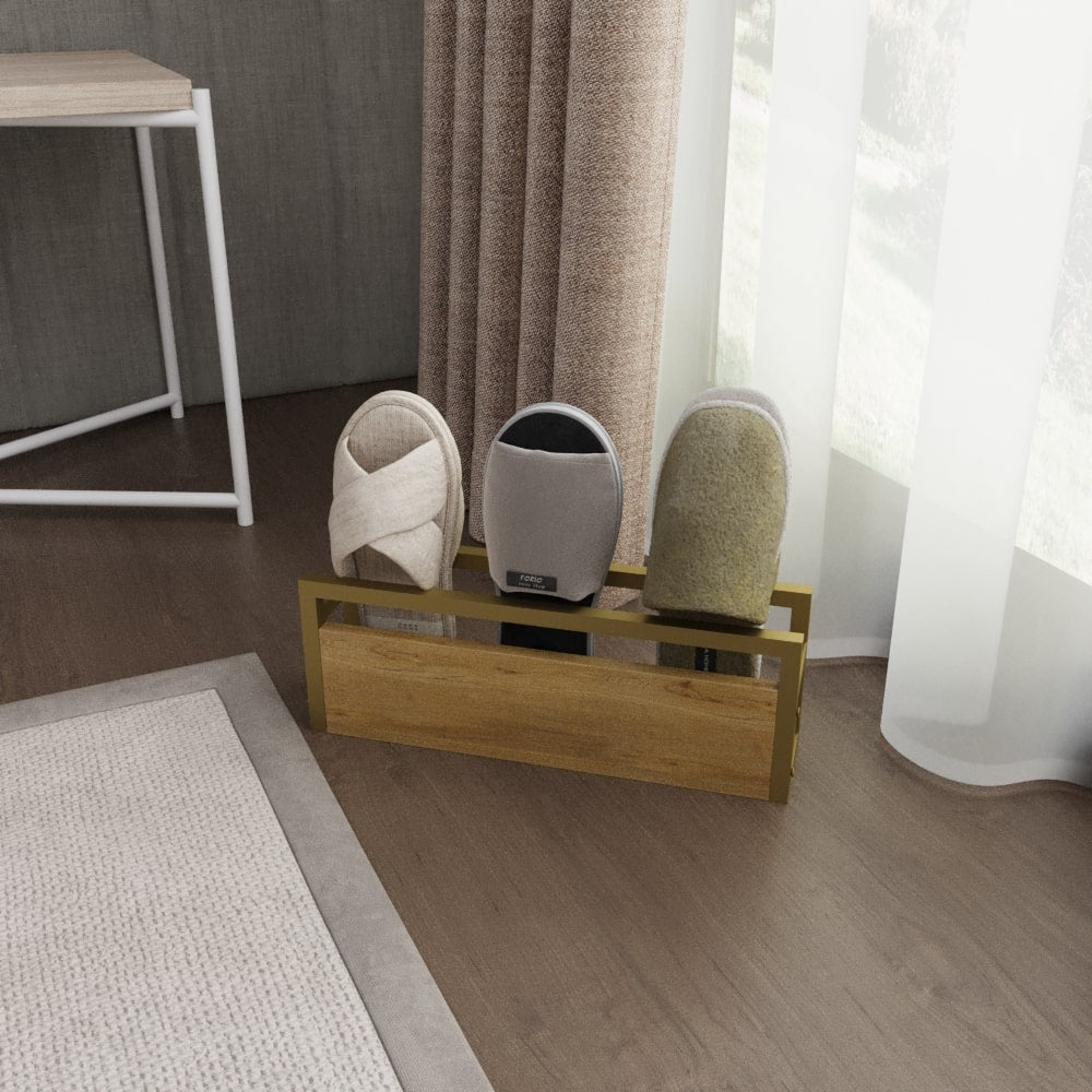 A golden slipper rack with a wooden panel, elegantly showcasing three pairs of slippers, adding a touch of sophistication to the room