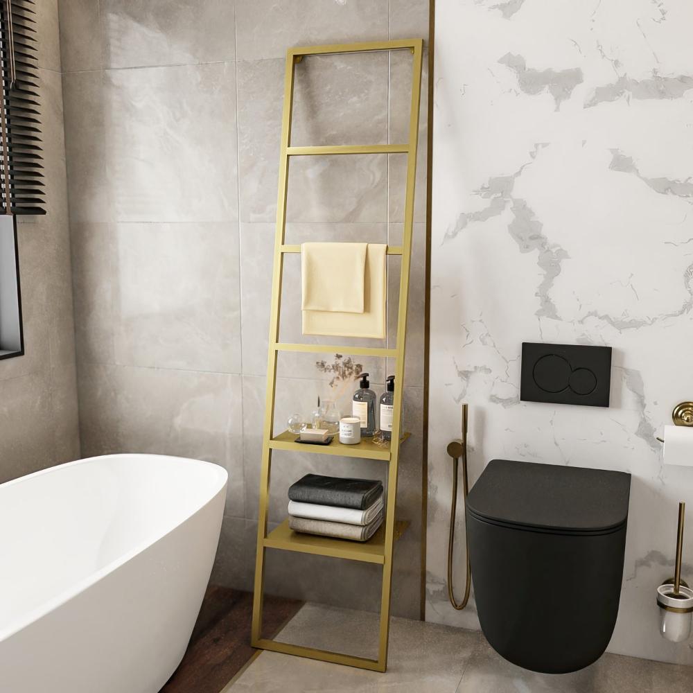 A golden ladder-style towel rack with two shelves, adding a luxurious and warm touch to a modern bathroom setting.