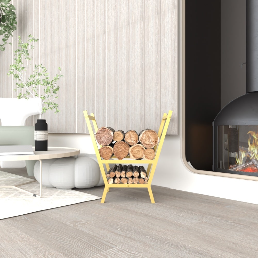 A stylish living room with a gold V-shaped metal wood rack filled with firewood, positioned next to a contemporary fireplace and a coffee table Image