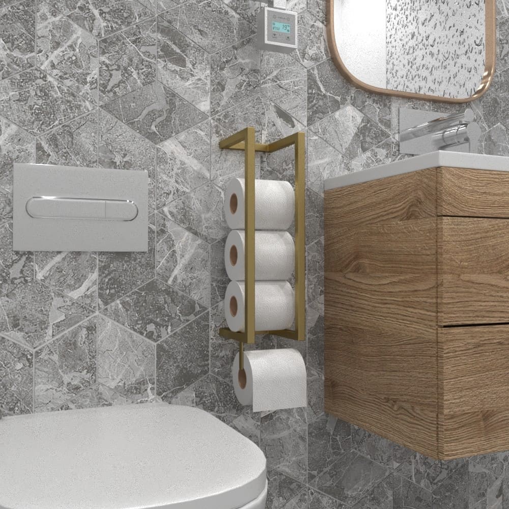 A gold wall-mounted toilet paper holder installed in a modern bathroom with gray textured tiles and wooden cabinet decor. It features a vertical design holding multiple toilet paper rolls for practical storage.