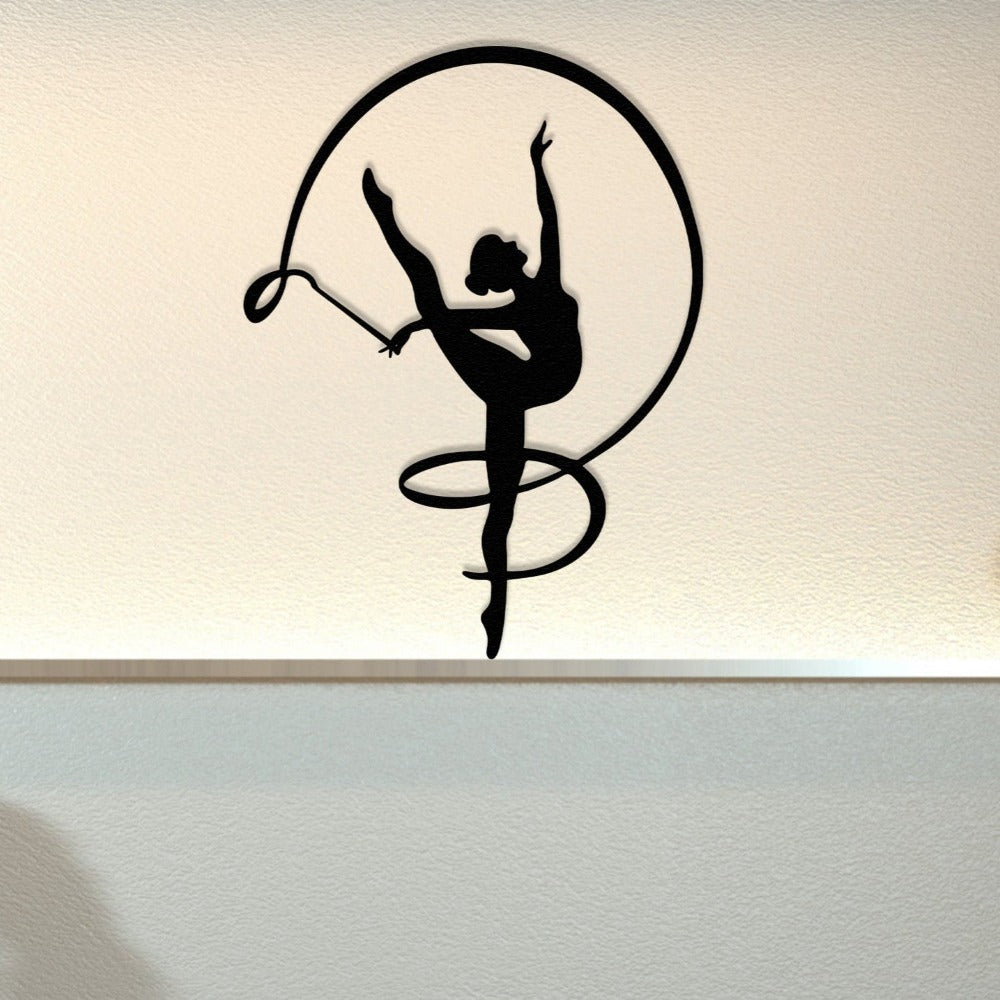 Gymnast girl leaping through the air, captured in a dynamic metal wall art piece.