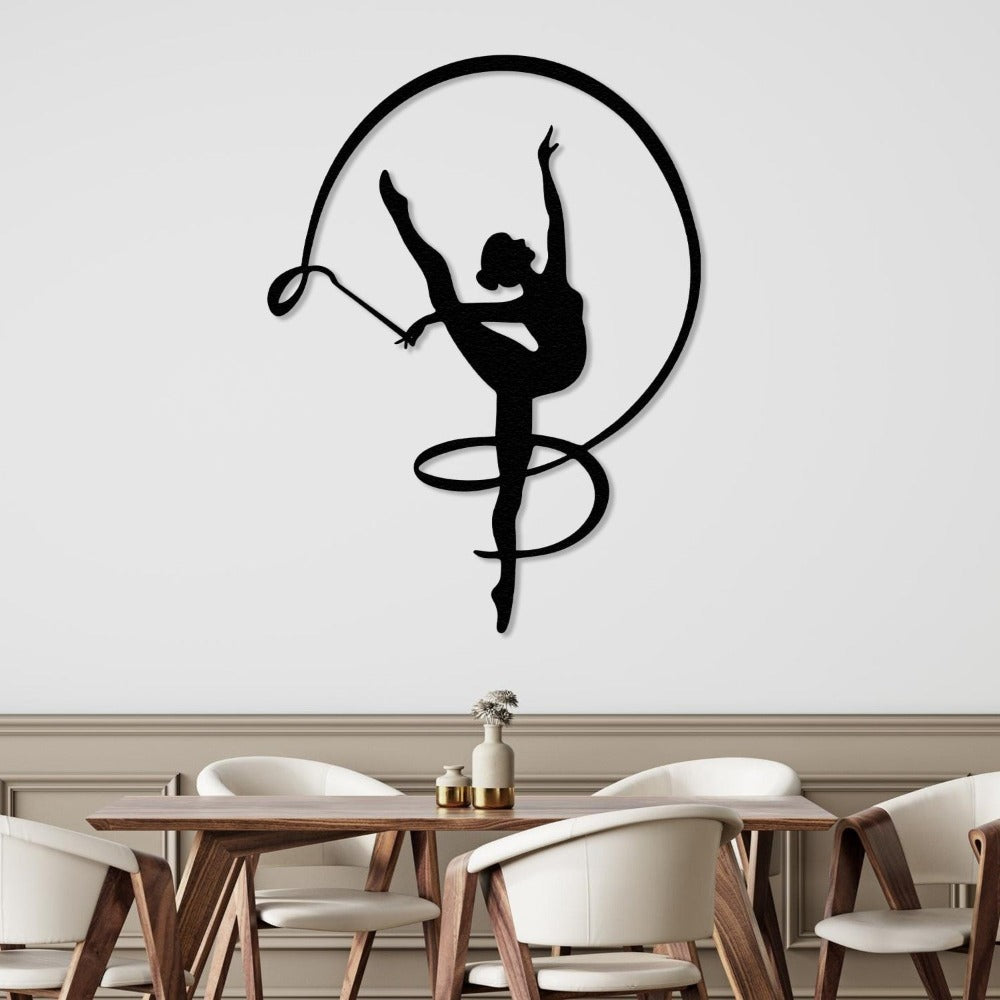 Modern metal wall decor featuring a gymnast girl in a flowing, artistic form.