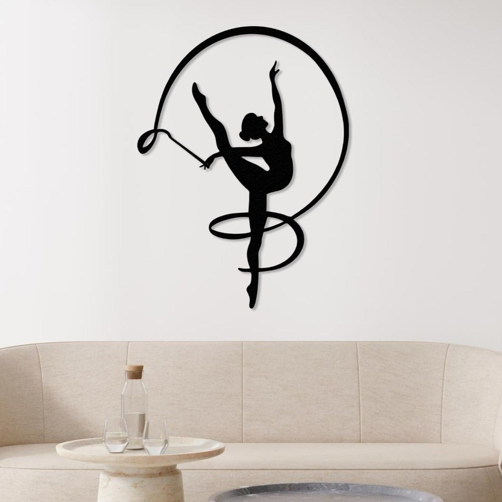 Silhouette of a gymnast girl in a graceful pose, crafted from metal wall art
